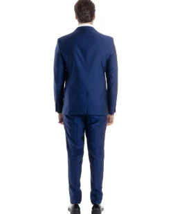 Abito Uomo Monopetto Damascato Vestito 3 Pezzi Completo Panciotto Sposo Plastron Blu AE1131A