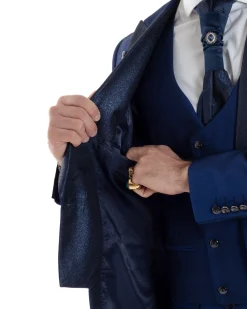 Abito Uomo Monopetto Damascato Vestito 3 Pezzi Completo Panciotto Sposo Plastron Blu AE1131A