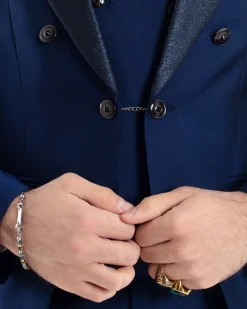 Abito Uomo Monopetto Damascato Vestito 3 Pezzi Completo Panciotto Sposo Plastron Blu AE1131A