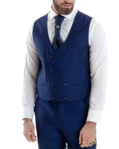 Abito Uomo Monopetto Damascato Vestito 3 Pezzi Completo Panciotto Sposo Plastron Blu AE1131A