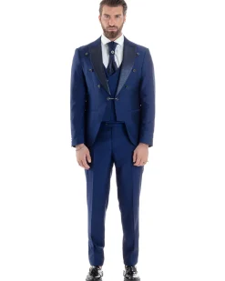 Abito Uomo Monopetto Damascato Vestito 3 Pezzi Completo Panciotto Sposo Plastron Blu AE1131A