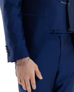 Abito Uomo Monopetto Damascato Vestito 3 Pezzi Completo Panciotto Sposo Plastron Blu AE1131A
