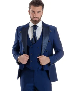Abito Uomo Monopetto Damascato Vestito 3 Pezzi Completo Panciotto Sposo Plastron Blu AE1131A