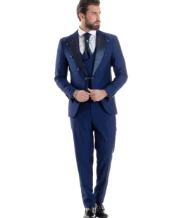 Abito Uomo Monopetto Damascato Vestito 3 Pezzi Completo Panciotto Sposo Plastron Blu AE1131A