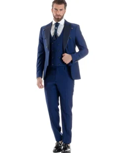 Abito Uomo Monopetto Damascato Vestito 3 Pezzi Completo Panciotto Sposo Plastron Blu AE1131A