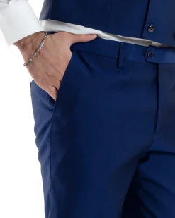 Abito Uomo Monopetto Damascato Vestito 3 Pezzi Completo Panciotto Sposo Plastron Blu AE1131A
