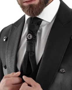 Abito Uomo Monopetto Damascato Vestito 3 Pezzi Completo Panciotto Sposo Plastron Nero AE1130A