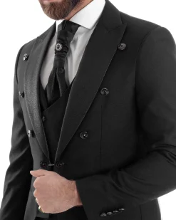 Abito Uomo Monopetto Damascato Vestito 3 Pezzi Completo Panciotto Sposo Plastron Nero AE1130A