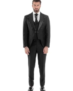 Abito Uomo Monopetto Damascato Vestito 3 Pezzi Completo Panciotto Sposo Plastron Nero AE1130A