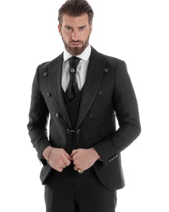 Abito Uomo Monopetto Damascato Vestito 3 Pezzi Completo Panciotto Sposo Plastron Nero AE1130A