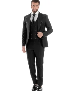 Abito Uomo Monopetto Damascato Vestito 3 Pezzi Completo Panciotto Sposo Plastron Nero AE1130A