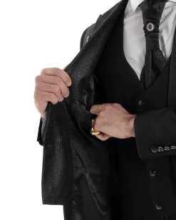 Abito Uomo Monopetto Damascato Vestito 3 Pezzi Completo Panciotto Sposo Plastron Nero AE1130A