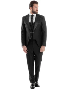 Abito Uomo Monopetto Damascato Vestito 3 Pezzi Completo Panciotto Sposo Plastron Nero AE1130A