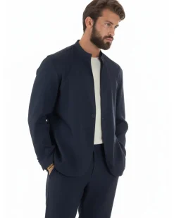 Abito uomo monopetto giacca coreana pantaloni abbottonatura allungata blu GIOSAL-AE1219A