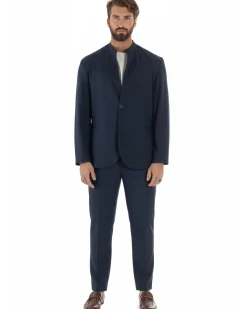 Abito uomo monopetto giacca coreana pantaloni abbottonatura allungata blu GIOSAL-AE1219A