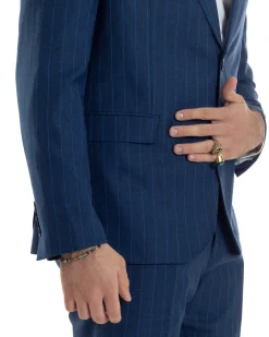 Abito Uomo Monopetto Vestito Gessato Giacca Con Pochette Pantaloni Completo Elegante Blu GIOSAL-AE1108A