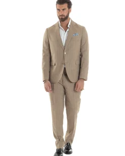 Abito Uomo Monopetto Vestito Gessato Giacca Con Pochette Pantaloni Completo Elegante Beige GIOSAL-AE1109A