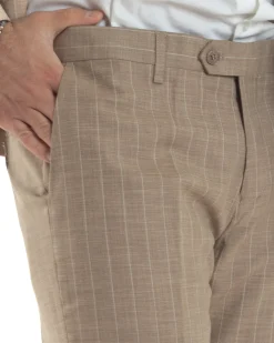 Abito Uomo Monopetto Vestito Gessato Giacca Con Pochette Pantaloni Completo Elegante Beige GIOSAL-AE1109A