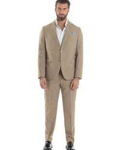 Abito Uomo Monopetto Vestito Gessato Giacca Con Pochette Pantaloni Completo Elegante Beige GIOSAL-AE1109A