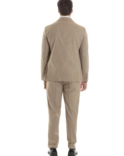 Abito Uomo Monopetto Vestito Gessato Giacca Con Pochette Pantaloni Completo Elegante Beige GIOSAL-AE1109A