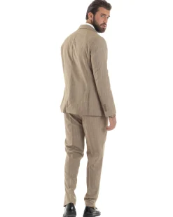 Abito Uomo Monopetto Vestito Gessato Giacca Con Pochette Pantaloni Completo Elegante Beige GIOSAL-AE1109A