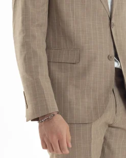 Abito Uomo Monopetto Vestito Gessato Giacca Con Pochette Pantaloni Completo Elegante Beige GIOSAL-AE1109A