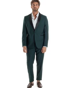 Abito Uomo Monopetto Vestito Completo Giacca Rever Sciallato In Raso Pantaloni Verde AE1153A
