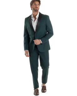 Abito Uomo Monopetto Vestito Completo Giacca Rever Sciallato In Raso Pantaloni Verde AE1153A