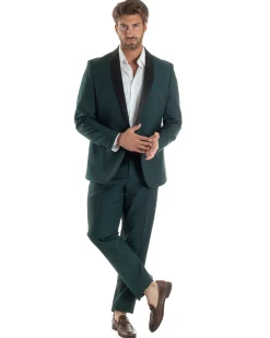 Abito Uomo Monopetto Vestito Completo Giacca Rever Sciallato In Raso Pantaloni Verde AE1153A