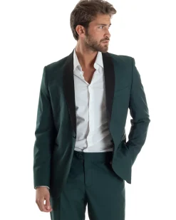 Abito Uomo Monopetto Vestito Completo Giacca Rever Sciallato In Raso Pantaloni Verde AE1153A