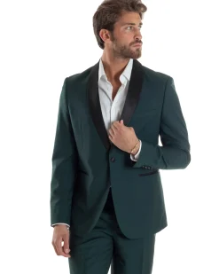 Abito Uomo Monopetto Vestito Completo Giacca Rever Sciallato In Raso Pantaloni Verde AE1153A