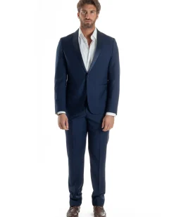 Abito Uomo Monopetto Vestito Completo Giacca Rever Sciallato In Raso Pantaloni Blu AE1152A