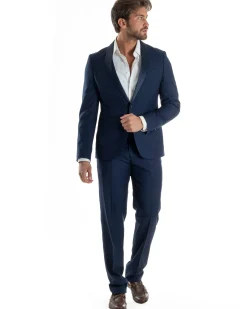 Abito Uomo Monopetto Vestito Completo Giacca Rever Sciallato In Raso Pantaloni Blu AE1152A