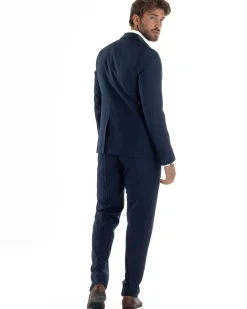 Abito Uomo Monopetto Vestito Completo Giacca Rever Sciallato In Raso Pantaloni Blu AE1152A
