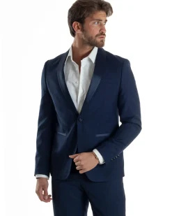 Abito Uomo Monopetto Vestito Completo Giacca Rever Sciallato In Raso Pantaloni Blu AE1152A