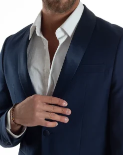 Abito Uomo Monopetto Vestito Completo Giacca Rever Sciallato In Raso Pantaloni Blu AE1152A