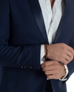 Abito Uomo Monopetto Vestito Completo Giacca Rever Sciallato In Raso Pantaloni Blu AE1152A