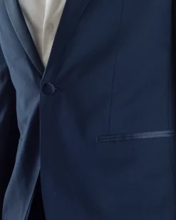 Abito Uomo Monopetto Vestito Completo Giacca Rever Sciallato In Raso Pantaloni Blu AE1152A