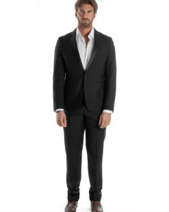 Abito Uomo Monopetto Vestito Completo Giacca Rever Sciallato In Raso Pantaloni Nero AE1154A