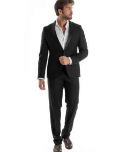 Abito Uomo Monopetto Vestito Completo Giacca Rever Sciallato In Raso Pantaloni Nero AE1154A