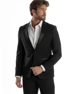Abito Uomo Monopetto Vestito Completo Giacca Rever Sciallato In Raso Pantaloni Nero AE1154A