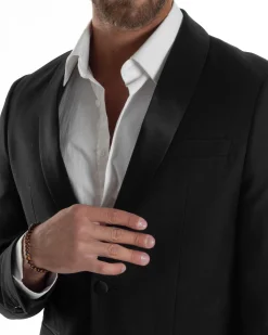 Abito Uomo Monopetto Vestito Completo Giacca Rever Sciallato In Raso Pantaloni Nero AE1154A
