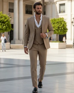 Abito uomo monopetto vestito 3 pezzi completo panciotto camel GIOSAL-AE1096A