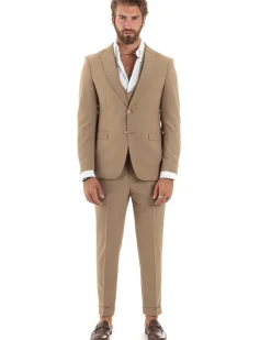 Abito uomo monopetto vestito 3 pezzi completo panciotto camel GIOSAL-AE1096A