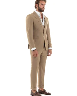 Abito uomo monopetto vestito 3 pezzi completo panciotto camel GIOSAL-AE1096A