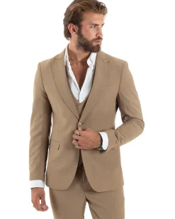 Abito uomo monopetto vestito 3 pezzi completo panciotto camel GIOSAL-AE1096A