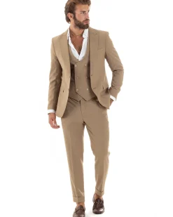 Abito uomo monopetto vestito 3 pezzi completo panciotto camel GIOSAL-AE1096A