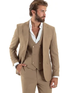 Abito uomo monopetto vestito 3 pezzi completo panciotto camel GIOSAL-AE1096A
