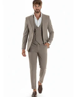 Abito uomo monopetto vestito 3 pezzi completo panciotto beige melangiato GIOSAL-AE1063A