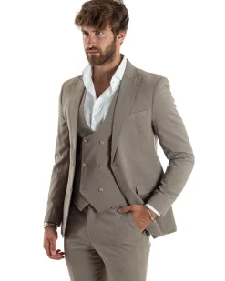 Abito uomo monopetto vestito 3 pezzi completo panciotto beige melangiato GIOSAL-AE1063A
